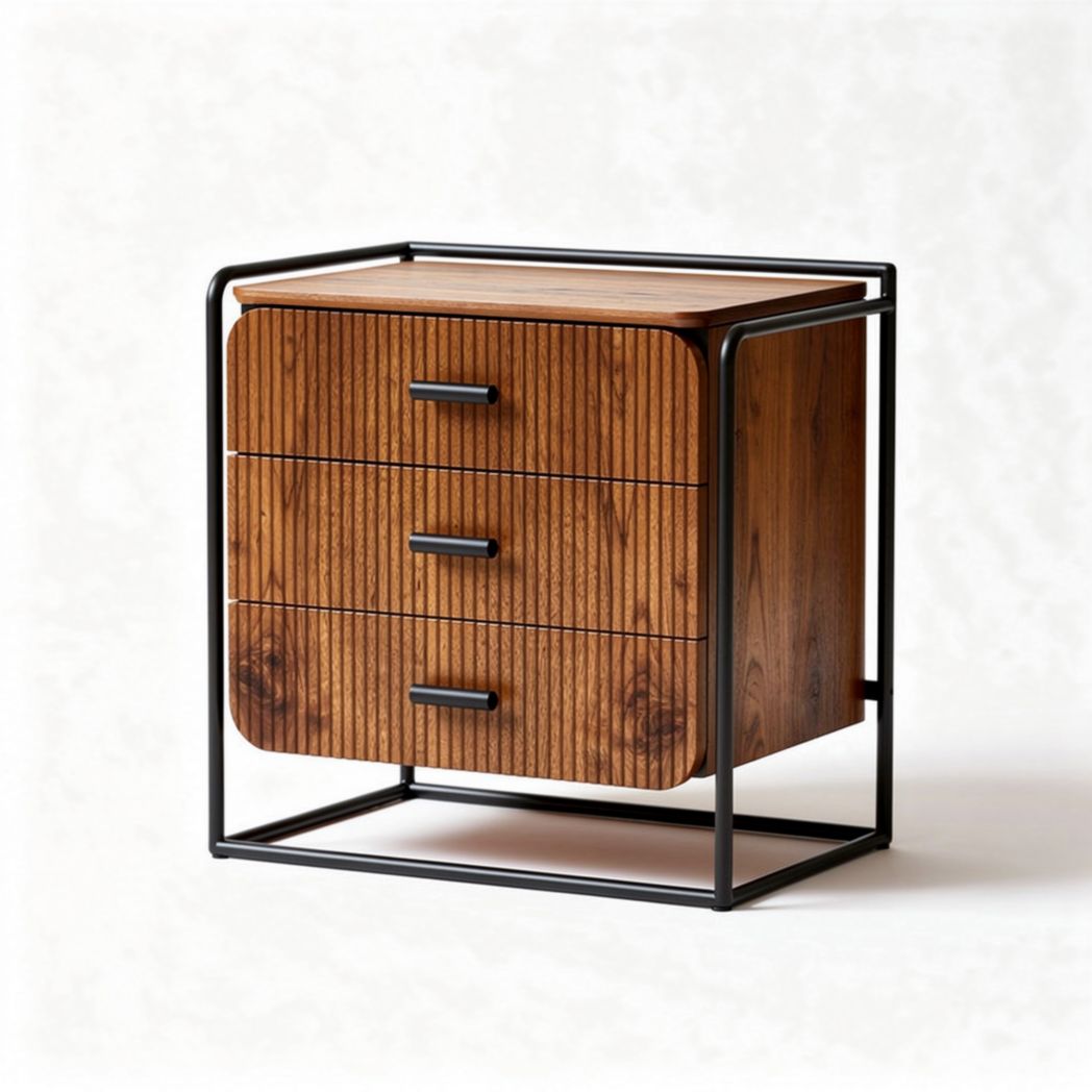 Wooden nightstand with three drawers and metal frame - 45 x 40 x 60cm