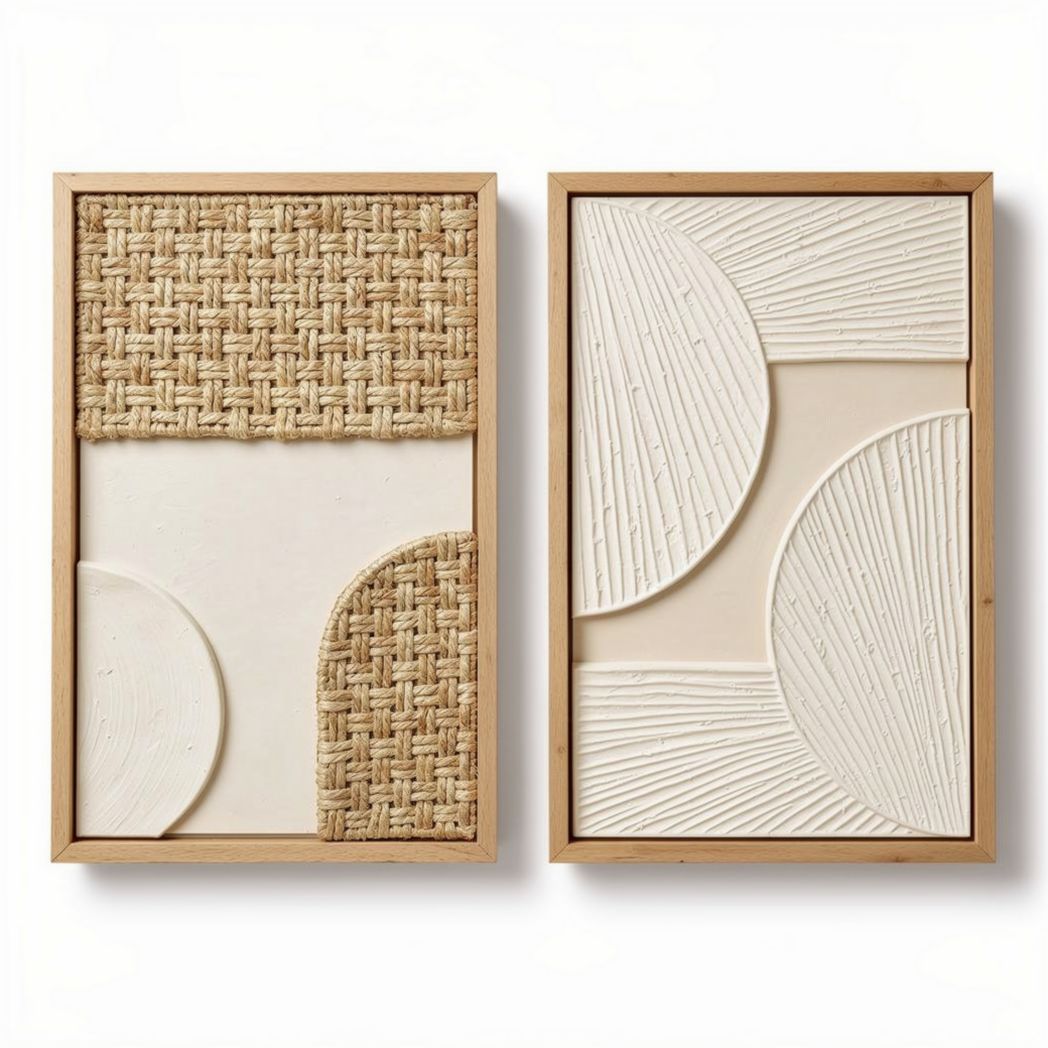 Textured wall art set with woven elements - 30 x 20 x 4cm