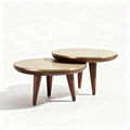 Round coffee table set with gold finish and wooden legs - 60 x 60 x 40cm