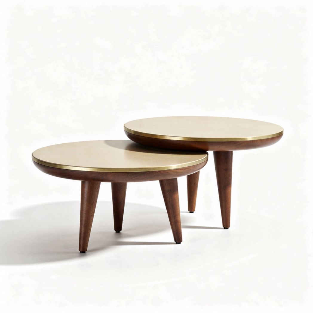 Round coffee table set with gold finish and wooden legs - 60 x 60 x 40cm
